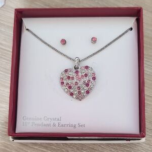 Heart Pendant and Earring Set with Pink Crystals